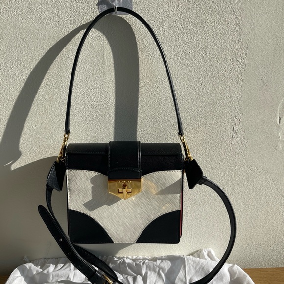 authentic PRADA Saffiano Bi-Color Top Handle Bag in White and Black. - Picture 1 of 14